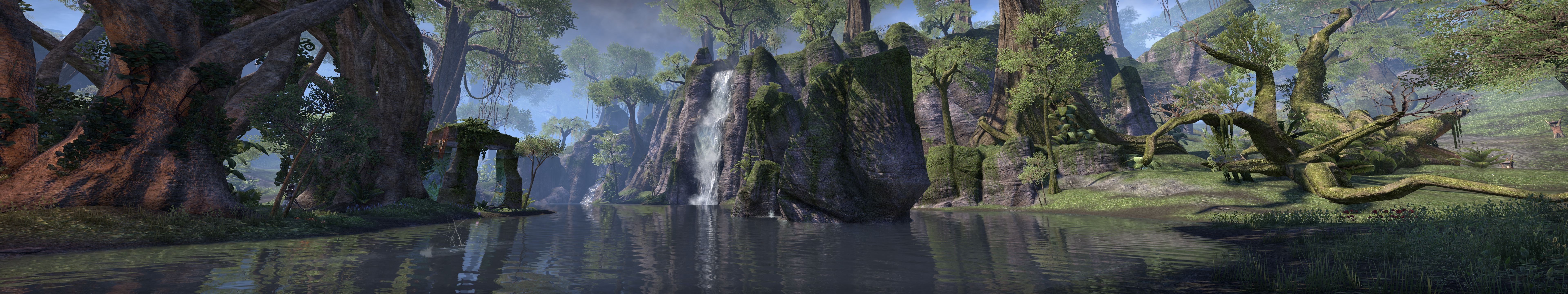 The Elder Scrolls Online, Quadruple Monitors, Water, Forest, Lake, Ruin Wallpaper