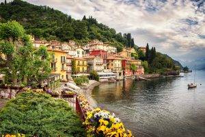 nature, Landscape, Architecture, Clouds, Water, Trees, Italy, Lake, House, Boat, Hill, Forest, Flowers, Mountain