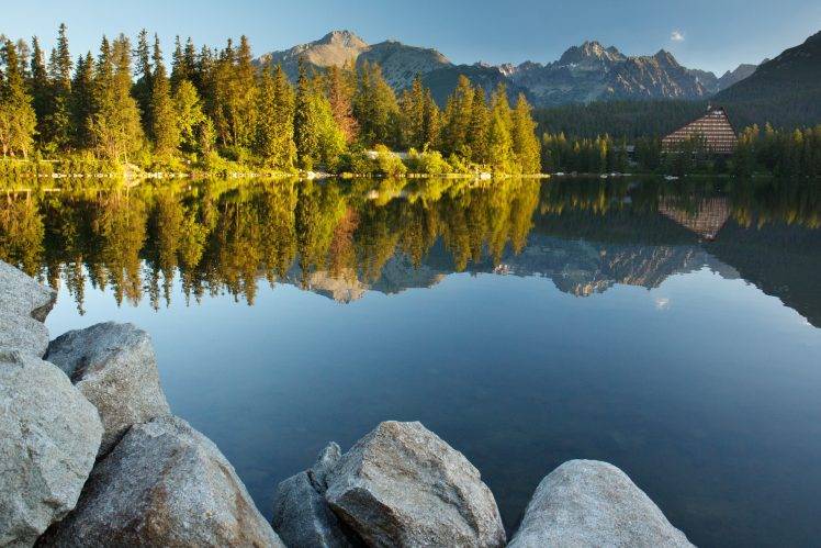 nature, Landscape, Trees, Forest, Slovakia, Tatra Mountains, Stones, Lake, Hotels, Rock, Reflection HD Wallpaper Desktop Background