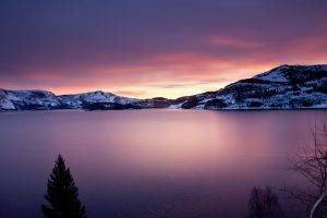 nature, Landscape, Mountain, Snow, Winter, Norway, Sunset, Trees, Forest, Water, Lake