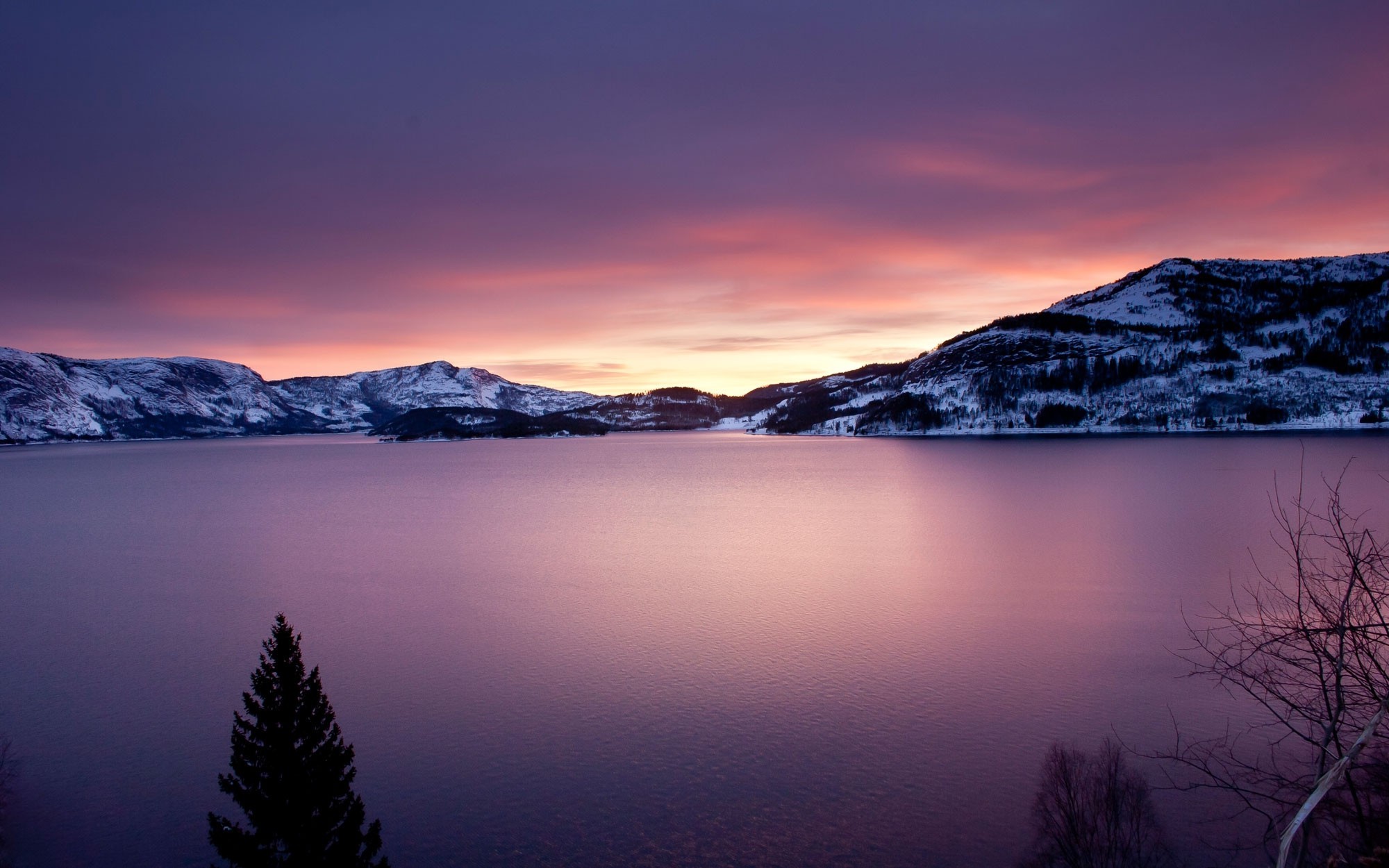 Mountain, Snow, Winter, Norway, Sunset, Trees, Forest, Water, Lake Wallpape...