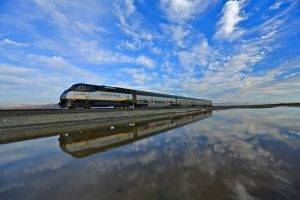 nature, Landscape, Train, Railway, California, USA, Water, Clouds, Reflection