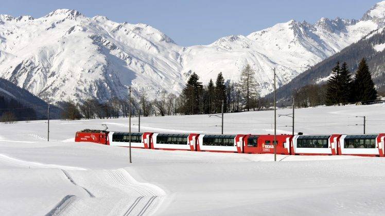 nature, Landscape, Train, Railway, Switzerland, Mountain, Winter, Snow, Trees, Forest, Alps HD Wallpaper Desktop Background