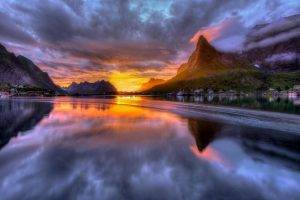 nature, Landscape, Mountain, Town, House, Norway, Clouds, Water, Trees, Boat, HDR, Sunrise, Reflection, Waves, Rock