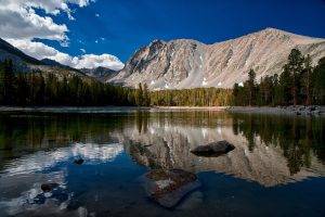 nature, Landscape, Mountain, Trees, Forest, Water, Lake, Clouds, Sierra Nevada, California, USA, Rock, Stones, Reflection