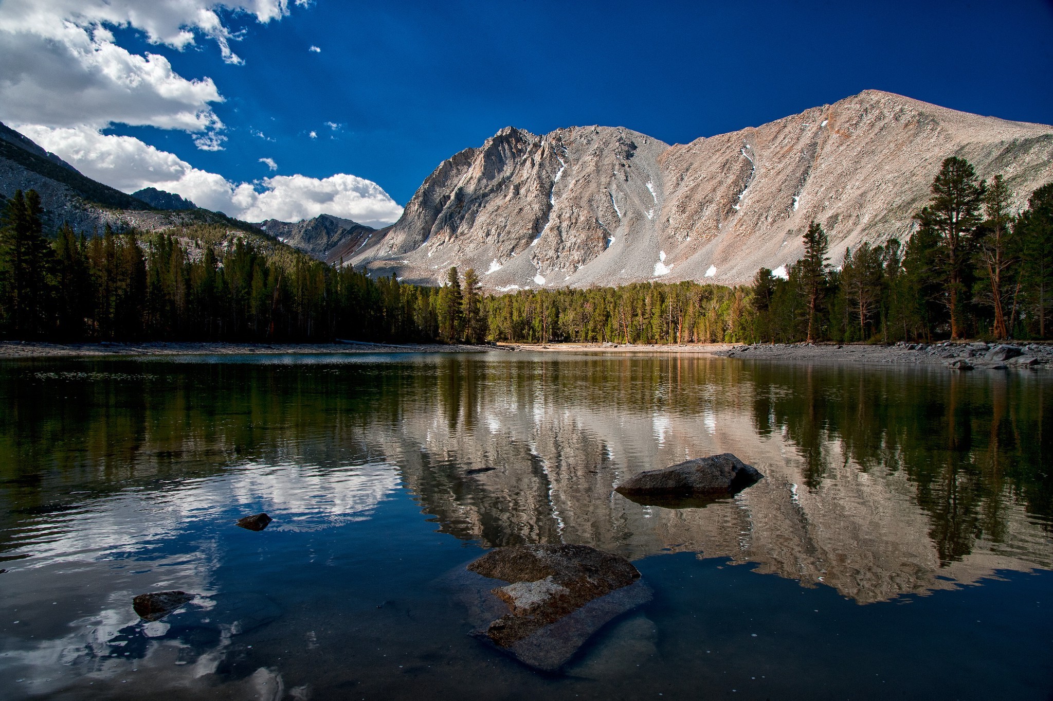 nature, Landscape, Mountain, Trees, Forest, Water, Lake, Clouds, Sierra Nevada, California, USA, Rock, Stones, Reflection Wallpaper