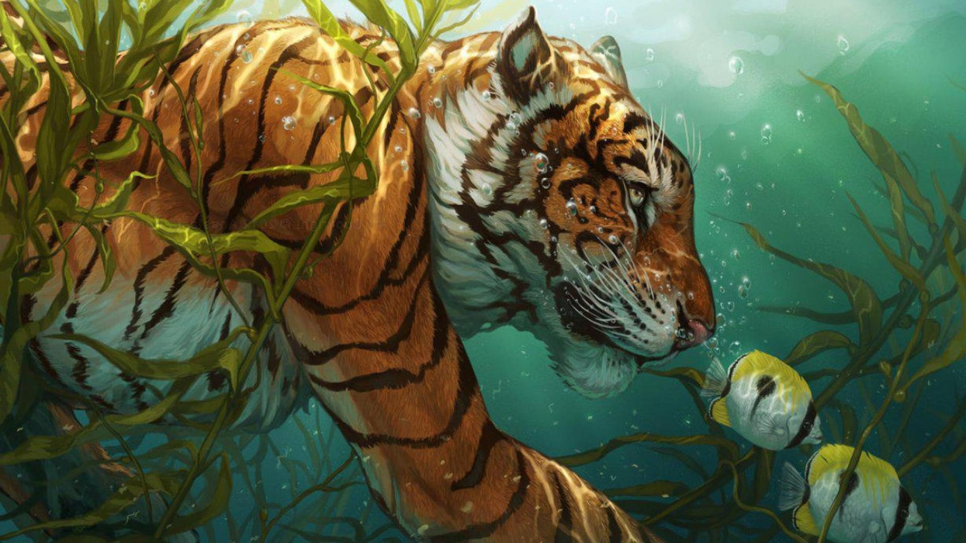 animals, Artwork, Tiger, Fish, Bubbles, Underwater Wallpaper