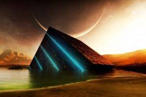 cube, Space, Digital Art, Crescent Moon, Mountain, Glowing