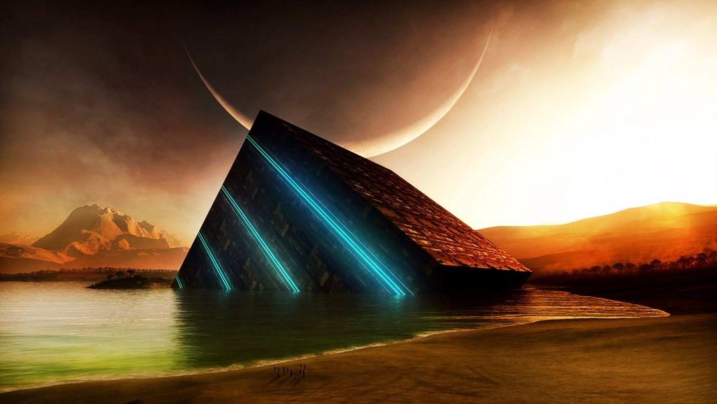 cube, Space, Digital Art, Crescent Moon, Mountain, Glowing Wallpaper