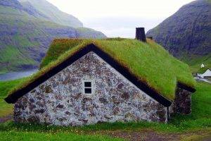 nature, Landscape, House, Green, Grass, Mountain, Water, Faroe Islands, Old Building, Rooftops, Waterfall, Clouds