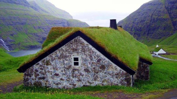 nature, Landscape, House, Green, Grass, Mountain, Water, Faroe Islands, Old Building, Rooftops, Waterfall, Clouds HD Wallpaper Desktop Background