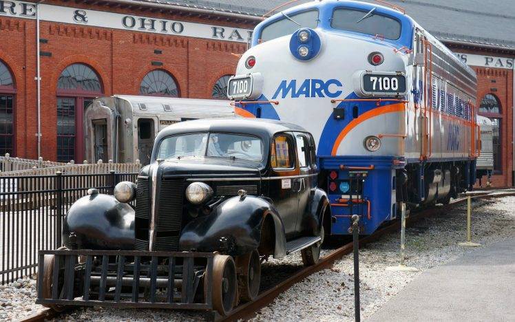 train, Railway, Vehicle, Old Car, Oldtimers, Parking Lot, Wheels, Ohio, USA, Diesel Locomotives, Building, Bricks HD Wallpaper Desktop Background