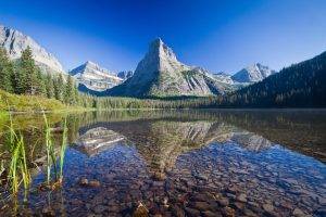 nature, Landscape, Mountain, Glacier National Park, Montana, USA, Lake, Trees, Forest, Snow, Stones, Grass, Reflection