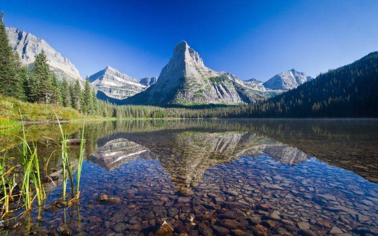nature, Landscape, Mountain, Glacier National Park, Montana, USA, Lake, Trees, Forest, Snow, Stones, Grass, Reflection HD Wallpaper Desktop Background