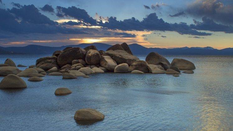 nature, Landscape, Water, Sea, Stones, Clouds, Rock, Hill, Sunlight HD Wallpaper Desktop Background