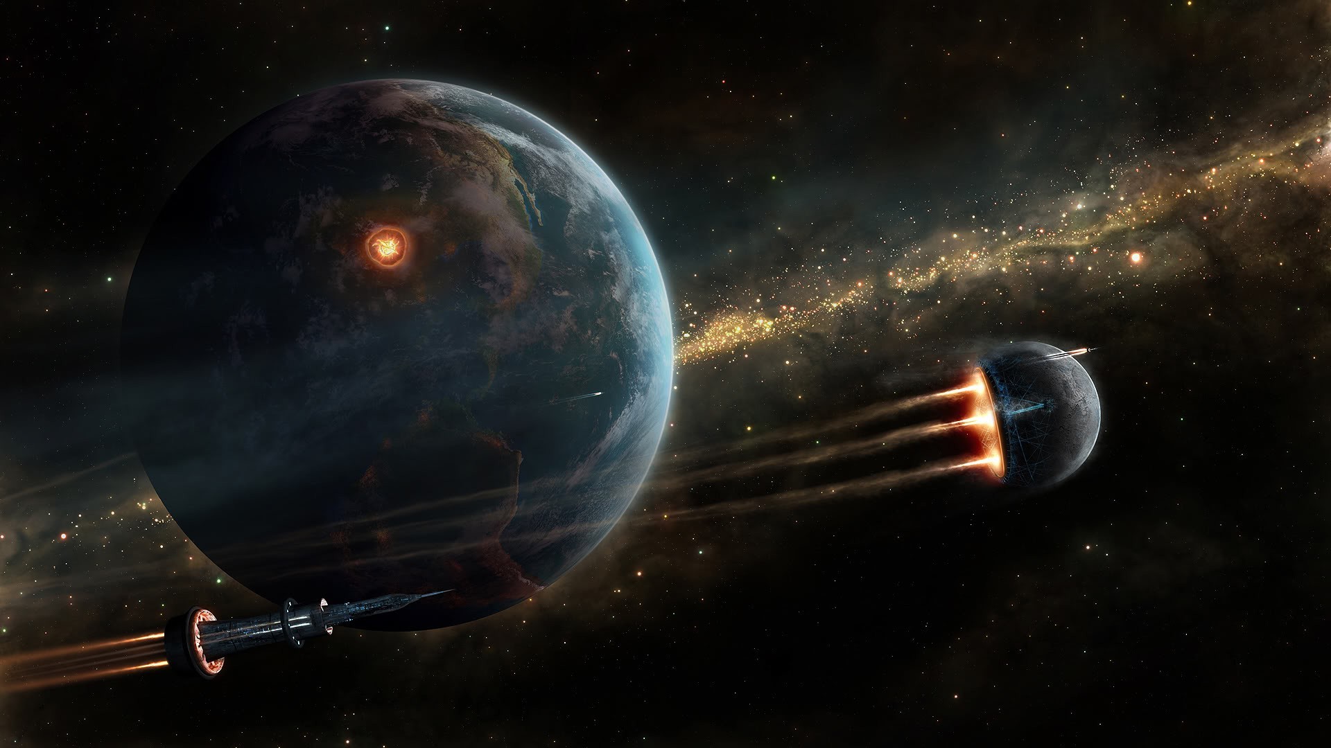 space, Planet, Spaceship, Stars Wallpaper