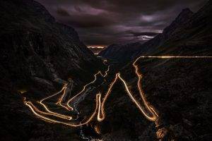 road, Night, Lights, Norway, Mountain, Landscape, Long Exposure, Hairpin Turns