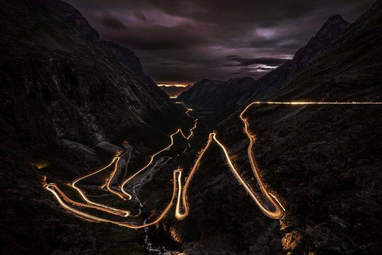 road, Night, Lights, Norway, Mountain, Landscape, Long Exposure, Hairpin Turns HD Wallpaper Desktop Background
