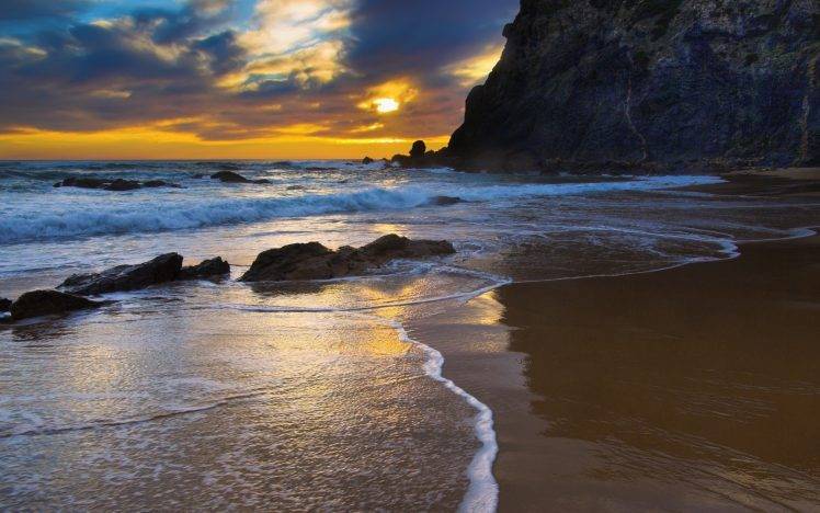 coast, Nature, Waves, Beach, Cliff, Rock, Sunset, Landscape, Sea HD Wallpaper Desktop Background
