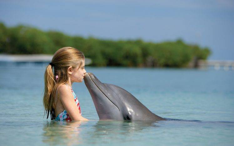 little Girl, Dolphin, Water, Animals, Ponytail HD Wallpaper Desktop Background