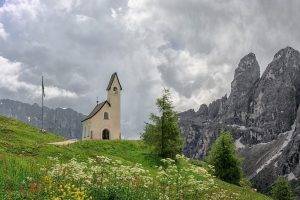 nature, Landscape, Mountain, Trees, Church, Field, Snow, Rock, Clouds, Flowers