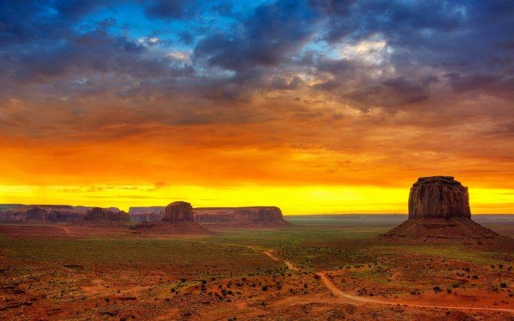 Monument Valley, Sunset, Desert, Rock Formation, Dirt Road, Landscape HD Wallpaper Desktop Background