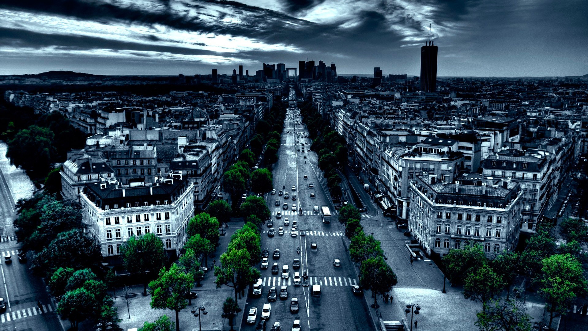 France, Paris, Street, Traffic, Urban, Building, Trees, City, Car, Road, Night Wallpaper