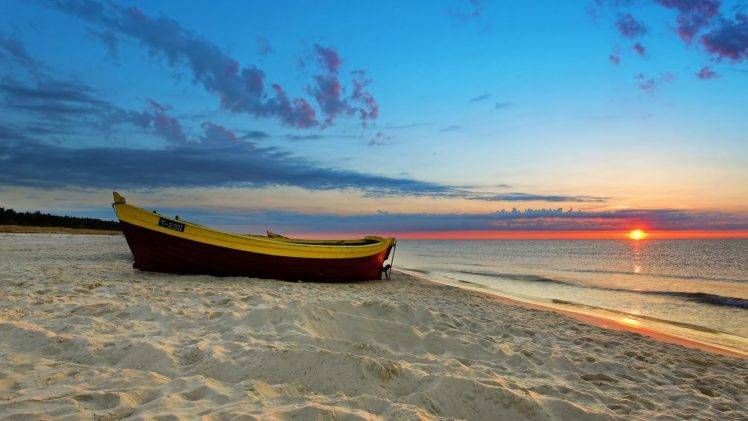 coast, Sunset, Nature, Boat, Clouds, Sea, Beach, Calm, Waves, Landscape, Sky HD Wallpaper Desktop Background