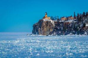 nature, Landscape, Trees, Cliff, Minnesota, USA, Ice, Snow, Lake, Lighthouse, House, Winter, Rock