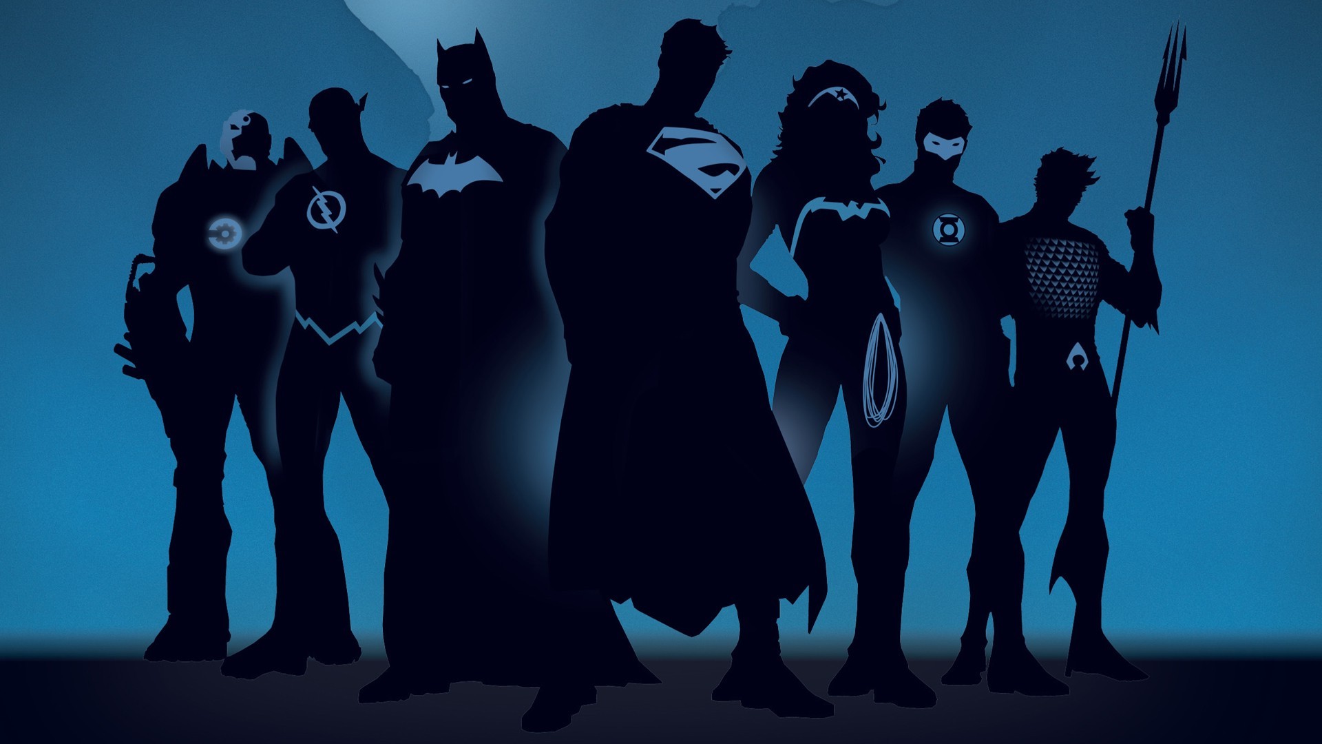 minimalism, Artwork, Superhero, Superman, Batman, Flash, DC Comics, Silhouette, The Flash, Wonder Woman, Green Lantern, Aquaman, Blue Background Wallpaper