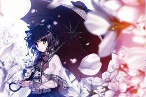 animal Ears, Cat, Umbrella, Flowers, Original Characters, Misaki Kurehito