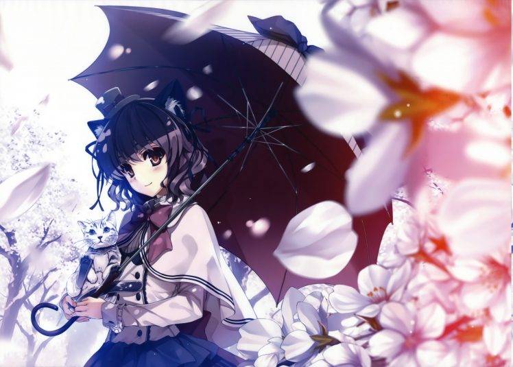 animal Ears, Cat, Umbrella, Flowers, Original Characters, Misaki Kurehito HD Wallpaper Desktop Background