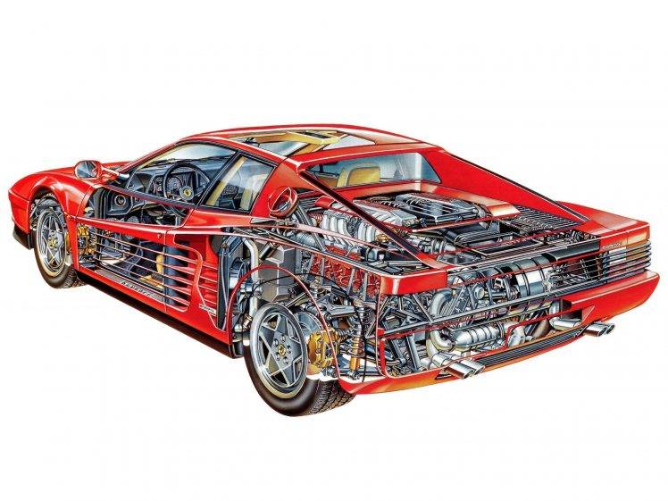 car, Red Cars, Sketches, Engines, Gears, Wheels, Infographics, White Background, Car Interior, Ferrari Testarossa HD Wallpaper Desktop Background