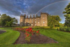 nature, Landscape, Architecture, Castle, Trees, Grass, Ireland, Garden, Park, Flowers, Path, Old Building, Rainbows, Clouds