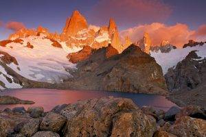 nature, Landscape, Mountain, Snow, Rock, Chile, South America, Sunset, Clouds, Water, Lake