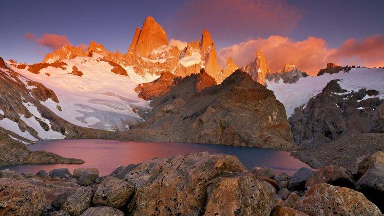 nature, Landscape, Mountain, Snow, Rock, Chile, South America, Sunset, Clouds, Water, Lake HD Wallpaper Desktop Background