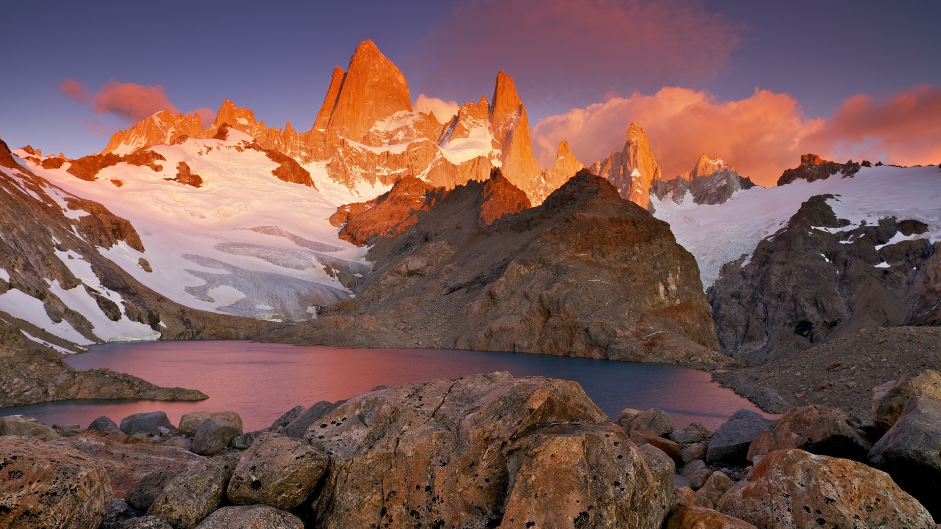 nature, Landscape, Mountain, Snow, Rock, Chile, South America, Sunset, Clouds, Water, Lake Wallpaper