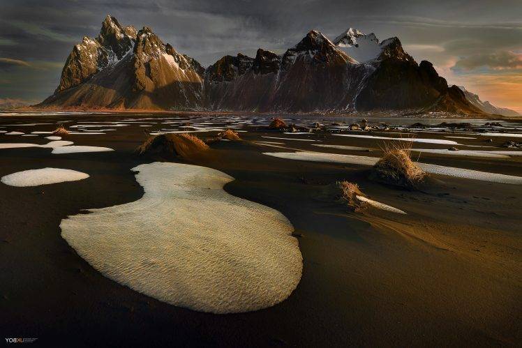nature, Landscape, Mountain, Snow, Rock, Iceland, Ice, Clouds, Water, Field, Sunlight HD Wallpaper Desktop Background