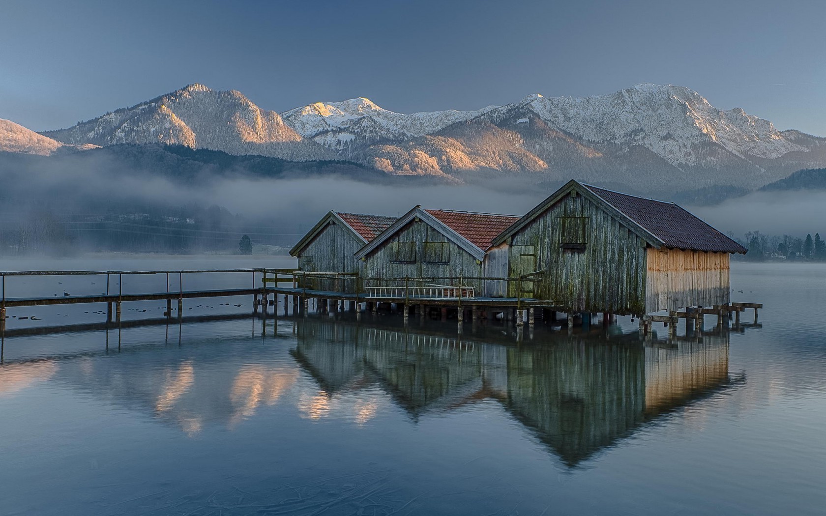 nature, Landscape, Mountain, Snow, Water, Germany, House, Mist, Trees, Forest, Sunlight, Reflection, Pier, Lake Wallpaper