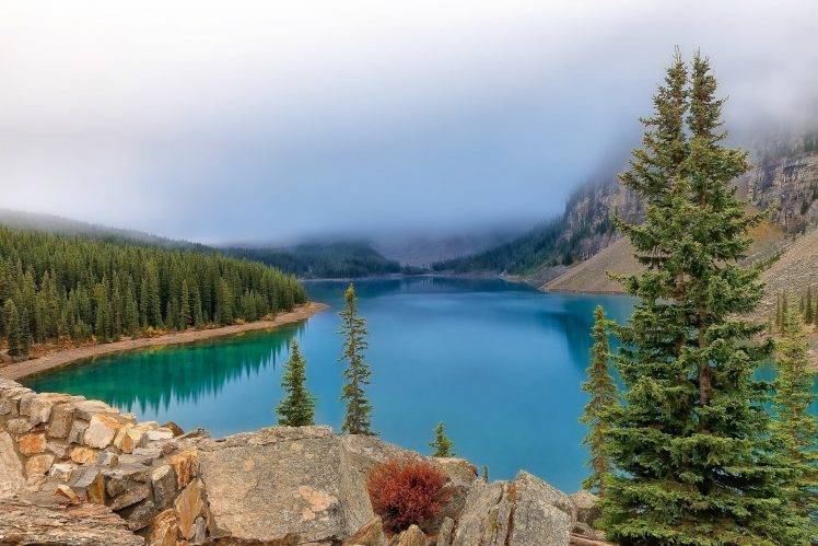 nature, Landscape, Trees, Forest, Lake, Mountain, Rock, Reflection, Alberta National Park, Canada, Mist, Banff National Park HD Wallpaper Desktop Background