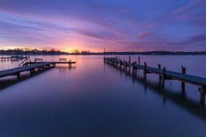 nature, Landscape, Sunset, Trees, Maryland, USA, Water, Pier, Branch, House, Clouds, Wood, Long Exposure