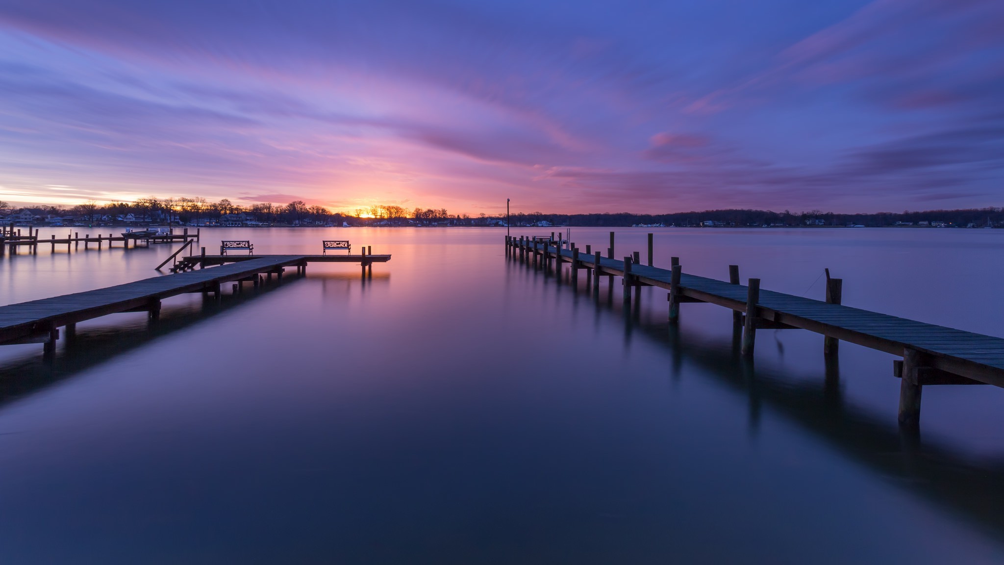 nature, Landscape, Sunset, Trees, Maryland, USA, Water, Pier, Branch, House, Clouds, Wood, Long Exposure Wallpaper