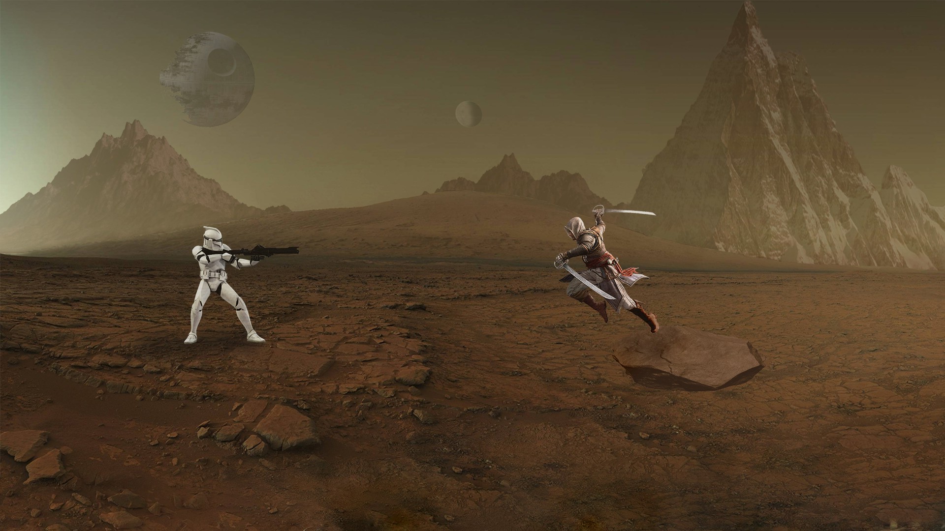 space, Assassins Creed, Clone Trooper, Death Star, Planet, Mars, Sword, Photoshopped Wallpaper