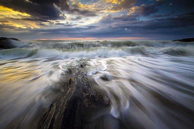 nature, Landscape, Sea, Rock, Sunset, Waves, Clouds, Long Exposure, Horizon HD Wallpaper Desktop Background
