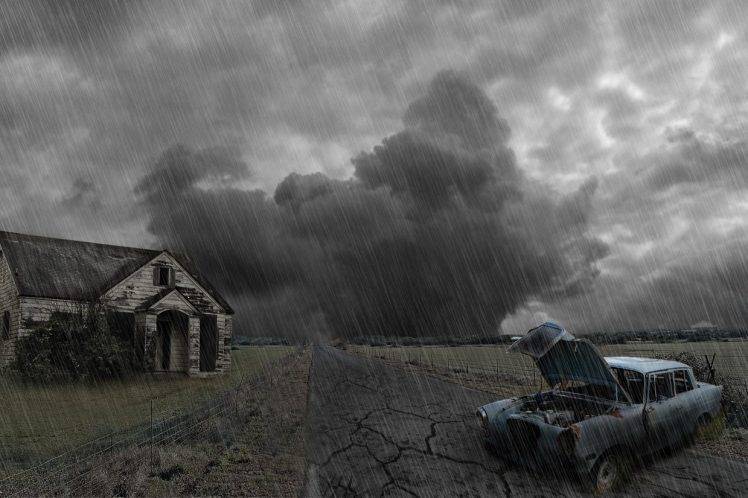 landscape, Rain, Old Building, Old Car, Road, Storm HD Wallpaper Desktop Background