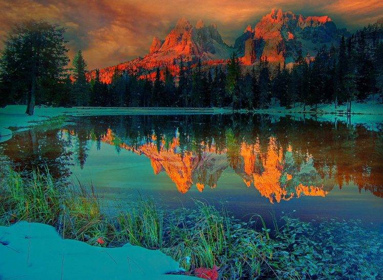 sunset, Nature, Landscape, Lake, Mountain, Forest, Snow, Clouds, Winter, Snowy Peak HD Wallpaper Desktop Background