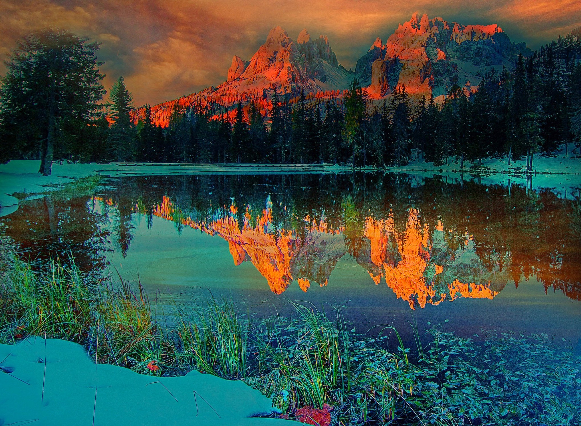 sunset, Nature, Landscape, Lake, Mountain, Forest, Snow, Clouds, Winter, Snowy Peak Wallpapers ...