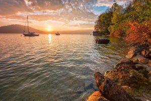 nature, Landscape, Sunset, Sailing Ship, Boathouses, Hill, Trees, Clouds, Water
