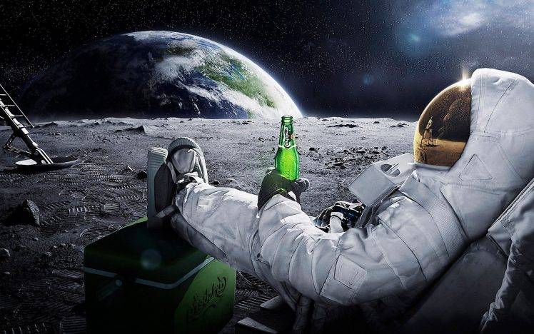 Carlsberg, Space, Advertisements, Stars, Moon, Astronaut, Beer, Earth HD Wallpaper Desktop Background