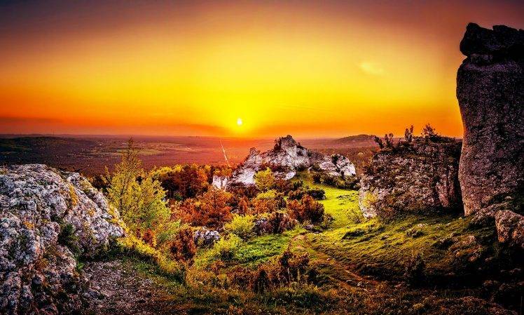 nature, Landscape, Sunset, Poland, Valley, Grass, Trees HD Wallpaper Desktop Background